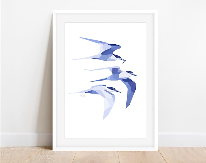 Terns, Sea birds, Sea theme, Ocean print, Beach art, At the seaside, New Zealand birds, New Zealand art, Geometric bird, Flying birds print