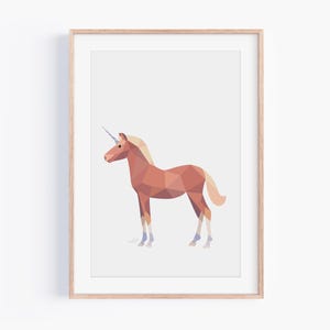 Stampa geometrica di unicorno - Arte murale minimalista con cavallo magico - Poster di creatura mitologica - Decorazione fantasy moderna - Design pastello nordico
