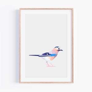 Stampa di ghiandaia eurasiatica - Arte geometrica di uccelli - Decorazione murale minimalista della fauna selvatica - Illustrazione moderna della natura - Regalo per la casa in stile scandinavo