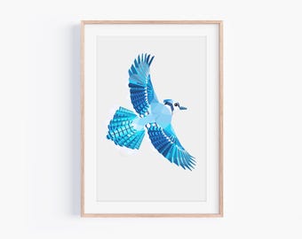 Flying Blue Jay Print - Modern Bird Wall Art - Bluebird Illustration - Wildlife Artwork - Gift for Bird Lovers - Modern Minimalist Geometric