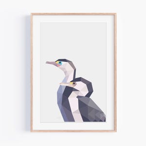 Stampa geometrica con coppia di uccelli Shag - Duo di cormorani nativi della Nuova Zelanda - Arte murale con uccelli costieri - Decorazione minimalista per la casa in riva al mare - Fauna selvatica della Nuova Zelanda