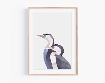 Shag Bird Pair Geometric Print - New Zealand Native Cormorant Duo - Coastal Bird Wall Art - Minimalist Seaside Home Decor - NZ Wildlife