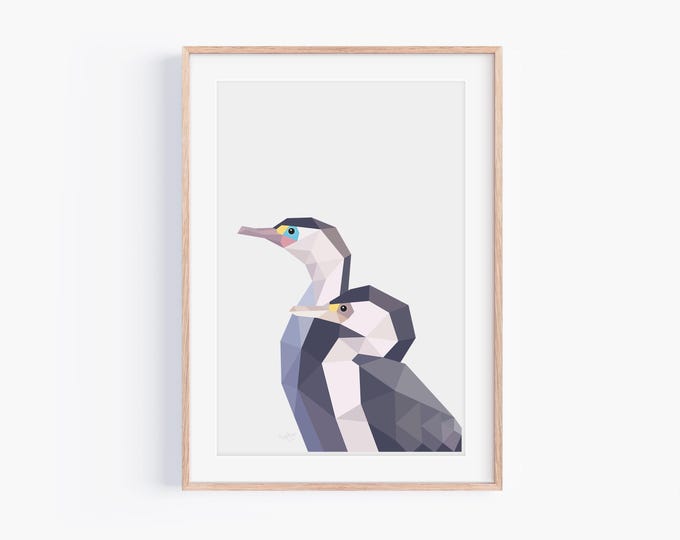 Shag Bird Pair Geometric Print - New Zealand Native Cormorant Duo - Coastal Bird Wall Art - Minimalist Seaside Home Decor - NZ Wildlife