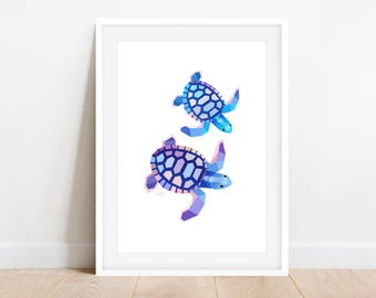 Turtle Pair Geometric Print - Minimalist Sea Turtle Duo Wall Art - Aquatic Animal Illustration - Modern Ocean Coastal Home Decor Gift