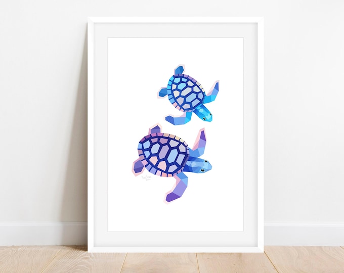Turtle Pair Geometric Print - Minimalist Sea Turtle Duo Wall Art - Aquatic Animal Illustration - Modern Ocean Coastal Home Decor Gift