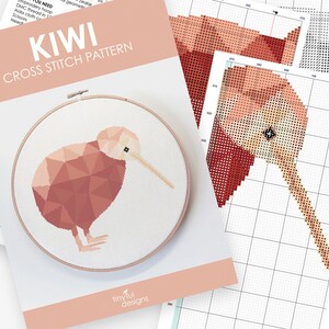 May include: A cross stitch pattern for a geometric kiwi bird. The pattern includes a color chart with DMC floss colors and a gridded chart for stitching. The pattern is titled "Kiwi Cross Stitch Pattern".
