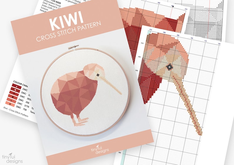 May include: A cross stitch pattern for a geometric kiwi bird. The pattern includes a color chart with DMC floss colors and a gridded chart for stitching. The pattern is titled "Kiwi Cross Stitch Pattern".