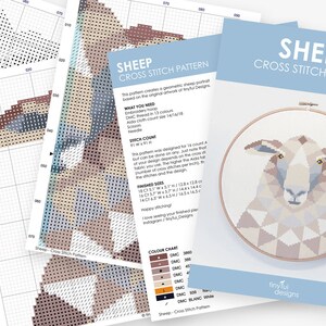 Puede incluir: Un patr&oacute;n de punto de cruz para una oveja con un dise&ntilde;o geom&eacute;trico. El patr&oacute;n incluye una tabla de colores con hilos DMC e instrucciones para el punto de cruz. El tama&ntilde;o terminado es de 45,7 x 45,7 cm.