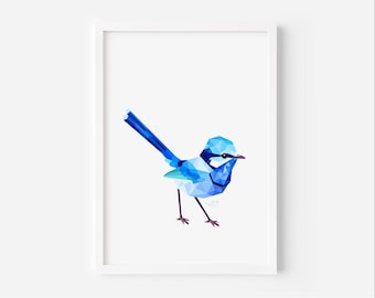 Male Blue Wren Bird Art Print - Minimalist Geometric Wall Decor, Modern Bird Poster, Nature, Fairy wren art, Blue wren pair, Australian wren