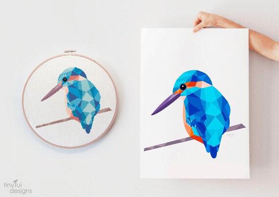 幾何学模様のカワセミのクロスステッチパターン：簡単な鳥のアート