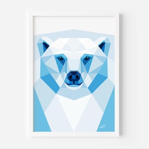 Arte murale con orso polare - Stampa moderna di animali artici - Decorazione della fauna selvatica di Blue Ice - Illustrazione geometrica minimalista a basso poli di orso - Decorazione murale
