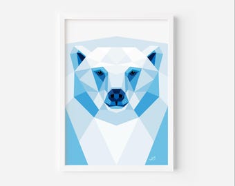 Polar Bear Wall Art - Modern Arctic Animal Print - Blue Ice Wildlife Decor - Minimalist Low Poly Geometric Bear Illustration - Wall Decor