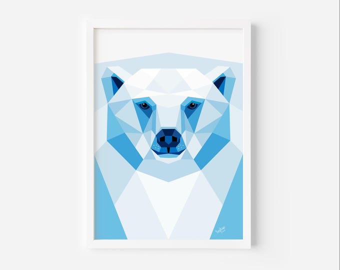 Polar Bear Wall Art - Modern Arctic Animal Print - Blue Ice Wildlife Decor - Minimalist Low Poly Geometric Bear Illustration - Wall Decor