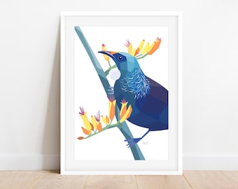 Tui Bird Geometric Art Print - Minimalist New Zealand Wildlife Wall Decor - Modern Native Bird Painting