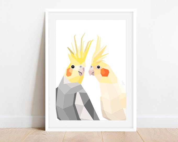 Cockatiel Pair Geometric Art Print, Minimalist Bird Illustration, Modern Home Decor, Cockatoo Lover Gift, Scandinavian Style, Avian Artwork