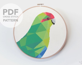 Kakariki Cross Stitch Pattern: Geometric Bird Embroidery (PDF Pattern)