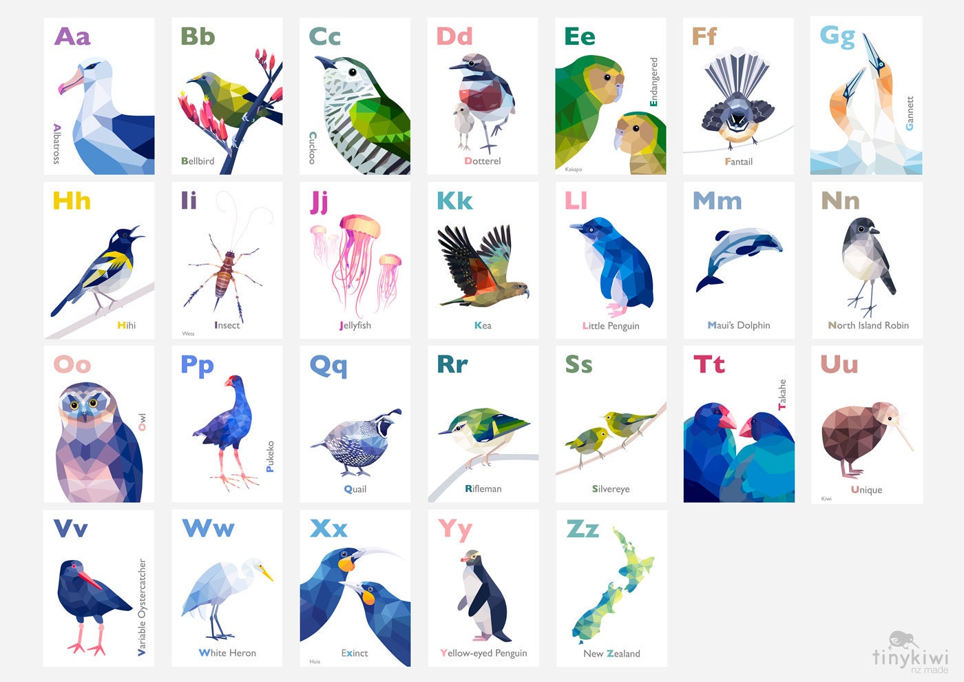 New Zealand ABC art, Kiwi alphabet prints, New Zealand birds, New