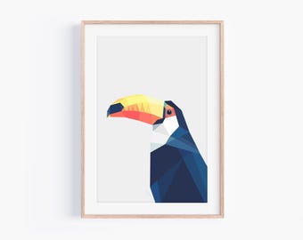 Toucan Geometric Print – Minimalist Tropical Bird Wall Art – Neotropical Animal Decor – Ramphastos Toco Illustration – Rainforest Gift
