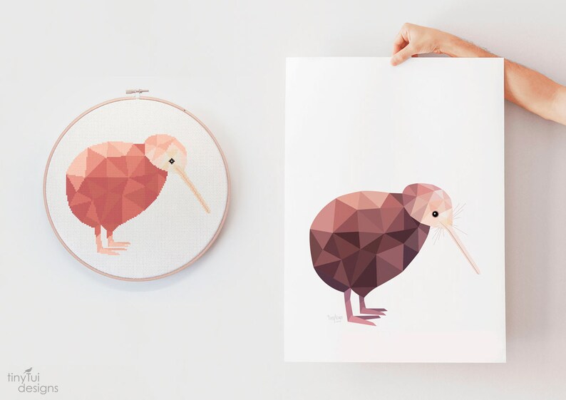 May include: A geometric illustration of a kiwi bird in shades of pink and brown. The image is printed on white paper and framed in a white frame.