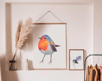 Modern Robin - Downloadable PDF, Geometric Printable Art Print, New Zealand Robin - Bird Art - Kiwi Birds - New Zealand Home, Geometric Art