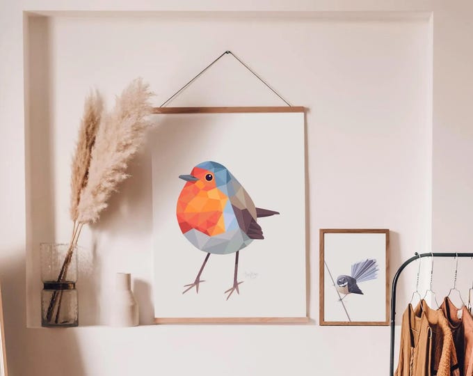 Modern Robin - Downloadable PDF, Geometric Printable Art Print, New Zealand Robin - Bird Art - Kiwi Birds - New Zealand Home, Geometric Art