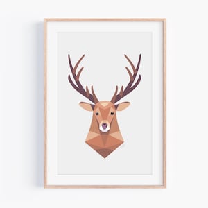 Stampa di cervo, Testa di cervo da parete, Illustrazione di cervo, Cervo geometrico, Arte della fauna selvatica, Arte di animali della foresta, Animali del bosco, Arte di animali per la cameretta dei bambini