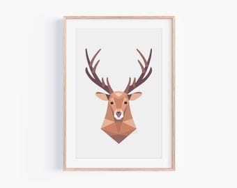 Stag print, Stag head wall art, Deer illustration, Geometric deer, Wildlife art, Forest animal art, Woodland animals, Animal art for nursery