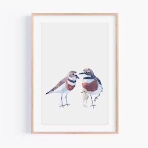Stampa famiglia di 3 pivieri / Stampe neozelandesi, pivieri fasciati, decorazione murale geometrica minimalista, poster sulla fauna selvatica, regalo di uccello costiero