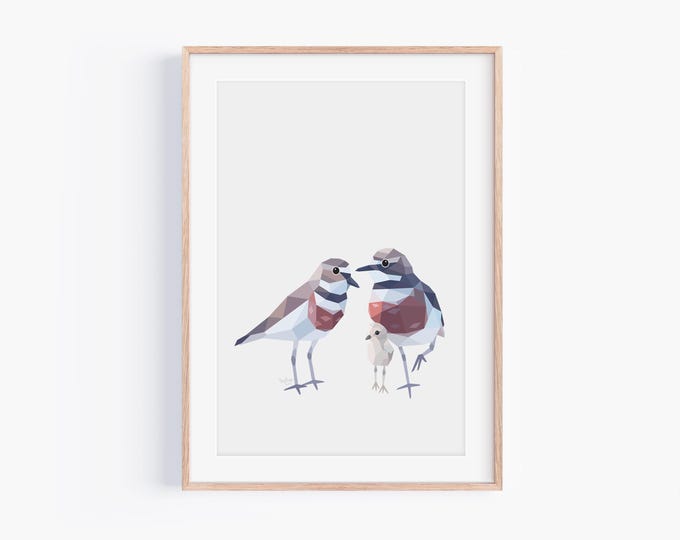 Dotterel Family of 3 Print | New Zealand Prints, Banded Dotterel, Geometric Minimalist Wall Decor, Wildlife Poster, Coastal Shorebird Gift