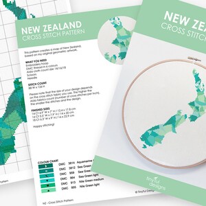 May include: A cross stitch pattern for a map of New Zealand. The pattern is made up of green, blue, and white squares. The finished size of the pattern is 14.9 inches wide by 7 inches high, 14.5 inches wide by 7.9 inches high, or 18.6 inches wide by 9 inches high. The pattern includes a color chart with DMC thread colors.