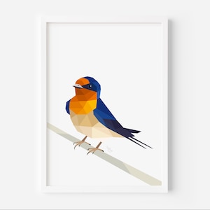 May include: Framed art print featuring a geometric illustration of a bird. The bird has a blue head, orange chest, and blue wings. It is perched on a light gray branch against a white background. The artwork is in a white frame.