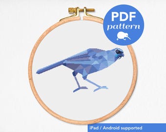 Kokako Cross Stitch Pattern: Geometric Kiwi Bird (PDF Pattern)