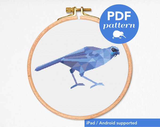 Kokako Cross Stitch Pattern: Geometric Kiwi Bird (PDF Pattern)