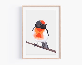 Red-capped Robin Print: Geometric Australian Bird Wall Art