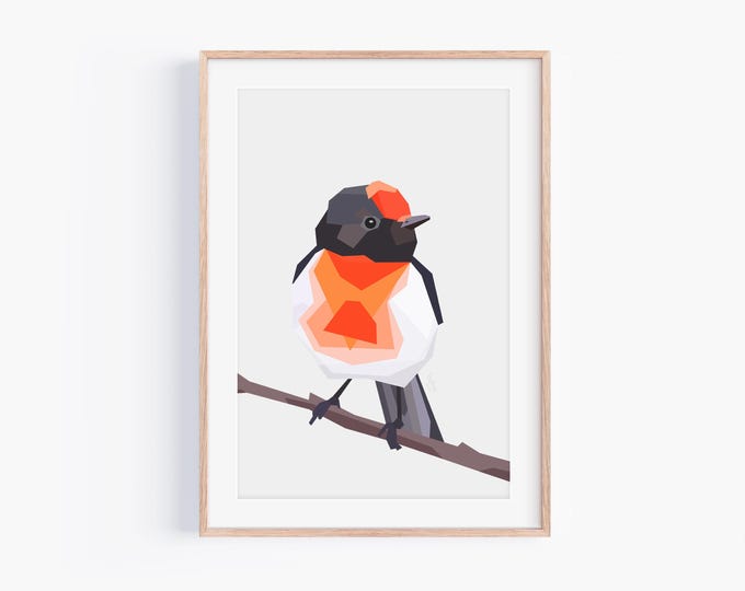 Red-capped Robin Print - Australia Red-capped Robin Wall Art - Australian Birds - Aussie Art and birds, Australia Home, Geometric Bird Art