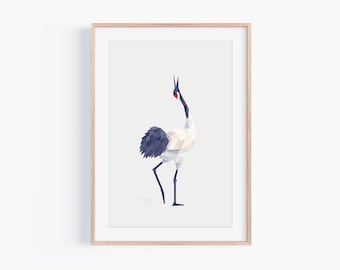 Japanese Crane Print | Red-Crowned Crane Wall Art, G. japonensis, Chinese Crane print, Kiwi Home Decor, Minimalist Crane Art, Zen Bird Art
