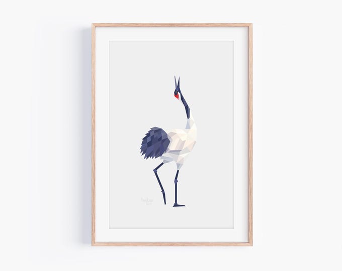 Japanese Crane Print | Red-Crowned Crane Wall Art, G. japonensis, Chinese Crane print, Kiwi Home Decor, Minimalist Crane Art, Zen Bird Art