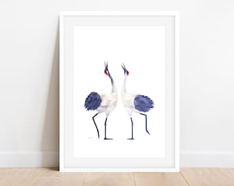 Red-Crowned Cranes Art Print: Geometric Bird Poster