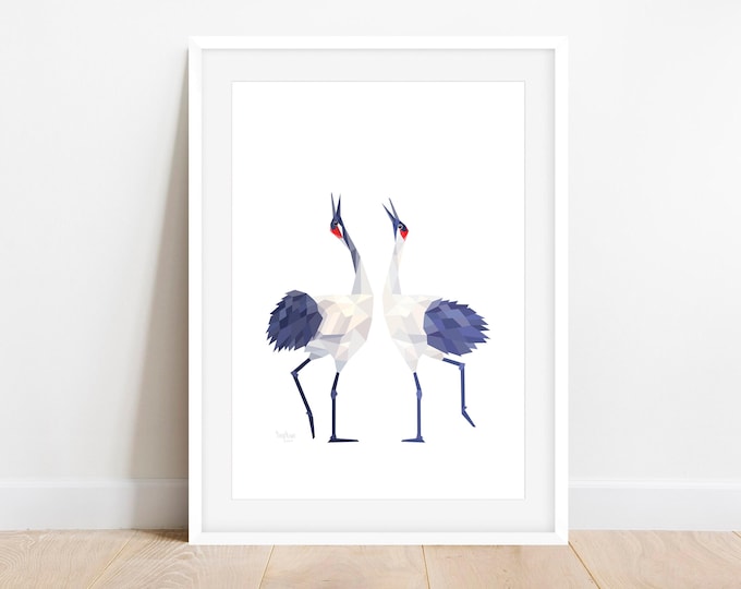 Pair of Japanese Cranes Wall Art | Two Red-Crowned Cranes Print | G. japonensis, Cranes print, Pair of Cranes Poster, Kiwi Decor, Bird Art