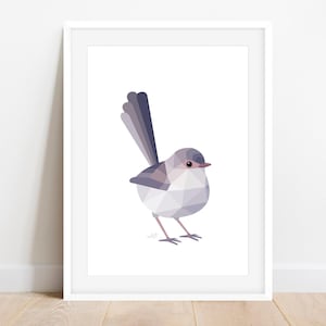 Superba Fairywren femmina - Stampa geometrica di uccelli - Arte australiana minimalista, decorazione murale della natura selvaggia, piccola illustrazione di uccelli canterini, regalo unico