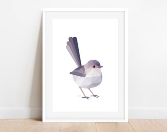 Superb Fairywren Female - Geometric Bird Print - Minimalist Australian Art, Wild Nature Wall Decor, Small Songbird Illustration, Unique Gift