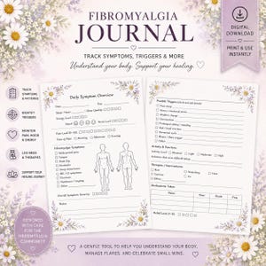 Op de afbeelding: Een Fibromyalgie-dagboek als digitale download met twee witte pagina's en madeliefjesranden. De pagina's bevatten secties voor symptoomoverzicht, triggers, activiteiten, therapieën en medicatie, inclusief een omtrek van het menselijk lichaam.
