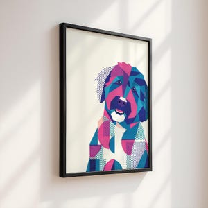 Quadro astratto geometrico con cane Cockapoo colorato, cartolina/poster minimalista per animali domestici, stampa moderna di ritratto di animale domestico, illustrazione vivace per decorazione.
