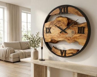 Large Olive Wood Wall Clock, Handmade Rustic Decor