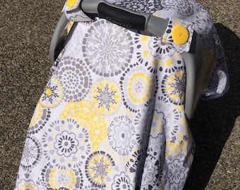 Baby Car Seat Cover: Gray and Yellow Floral Circle Bursts with Gray Minky, Personalization Available