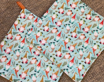 Two Pot Holders - Winter Christmas Trees and Gnomes on Teal with Teal Back, with Loops, Personalization Available