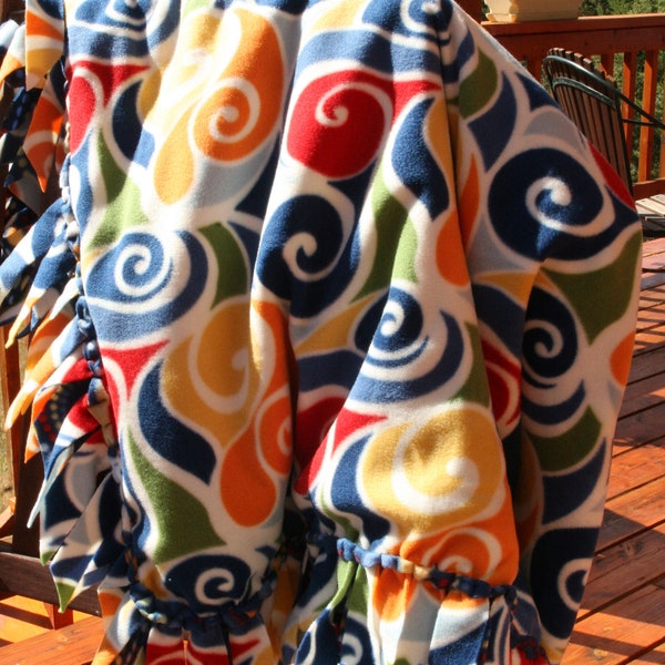 Fleece Blanket - Swirls with Blue with Woven Edge