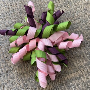 Hair Bow Clip - Green, Light Pink and Burgundy Ribbon Korker / Corker Hair Clip