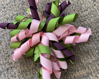 Hair Bow Clip - Green, Light Pink and Burgundy Ribbon Korker / Corker Hair Clip