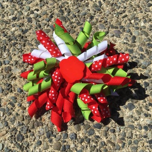 Hair Bow Clip - Red Green and White Polka Dot Ribbon Korker / Corker Hair Clip with Red Flower-shaped Bead